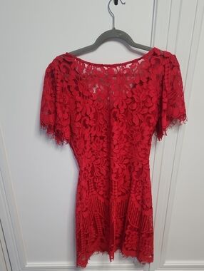 Red Lace Short Sleeve Mini Cocktail Dress